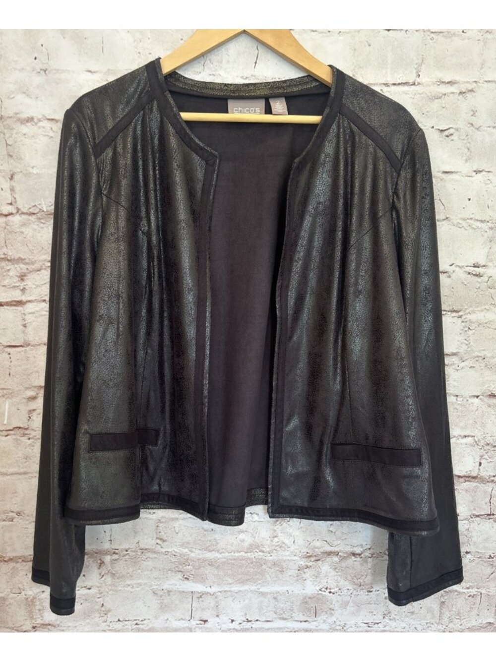 Chico's Black Faux Leather Suede Open Front Jacket Size 2 = US Size Large